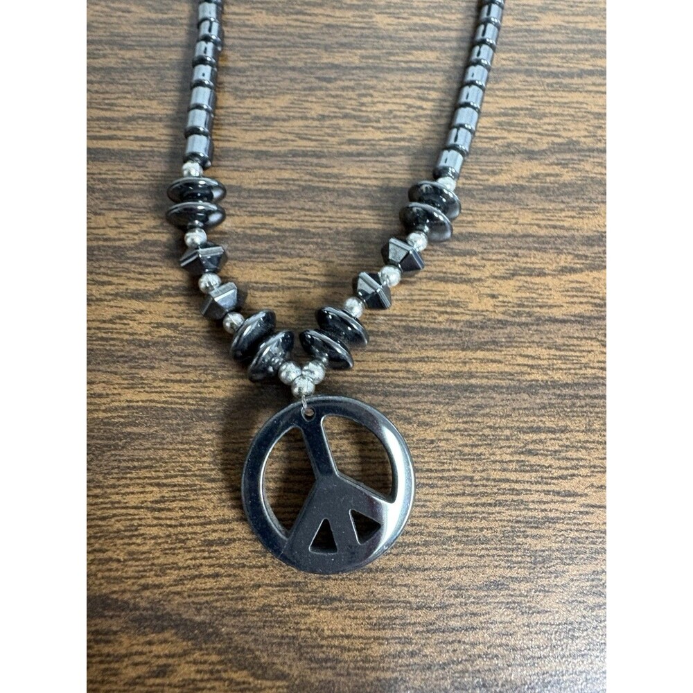 Vintage Hematite Peace Sign Necklace 24” Unisex Y2K